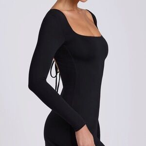 Oh Polly Black Modal Square Neck Long Sleeve Mini Dress in Black